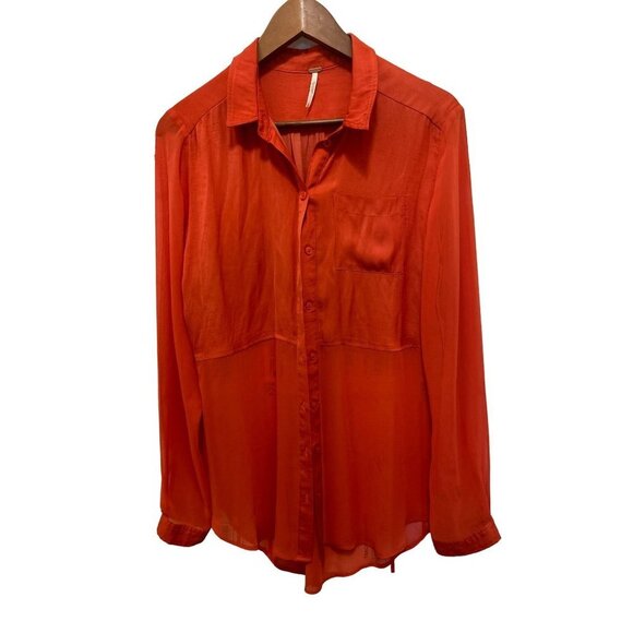 Women's Med Free People Sheer Luck Shirt Rust Orange Long Sleeve - Picture 1 of 10